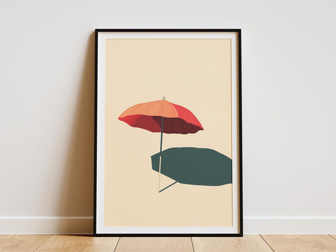 Red Beach Umbrella Shadow Minimalist Summer Coastal Art Poster