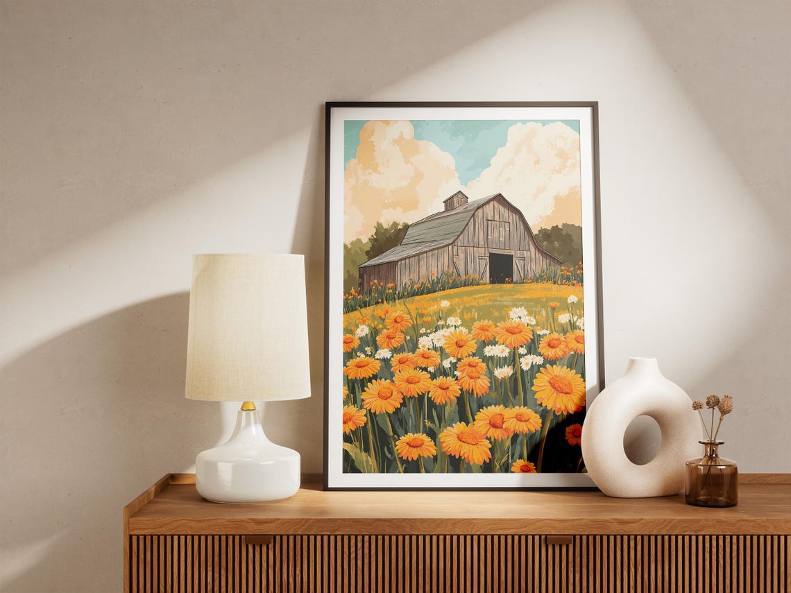 Rustic Barn Orange Marigold Daisy Field Summer Farm House Poster - Image 5