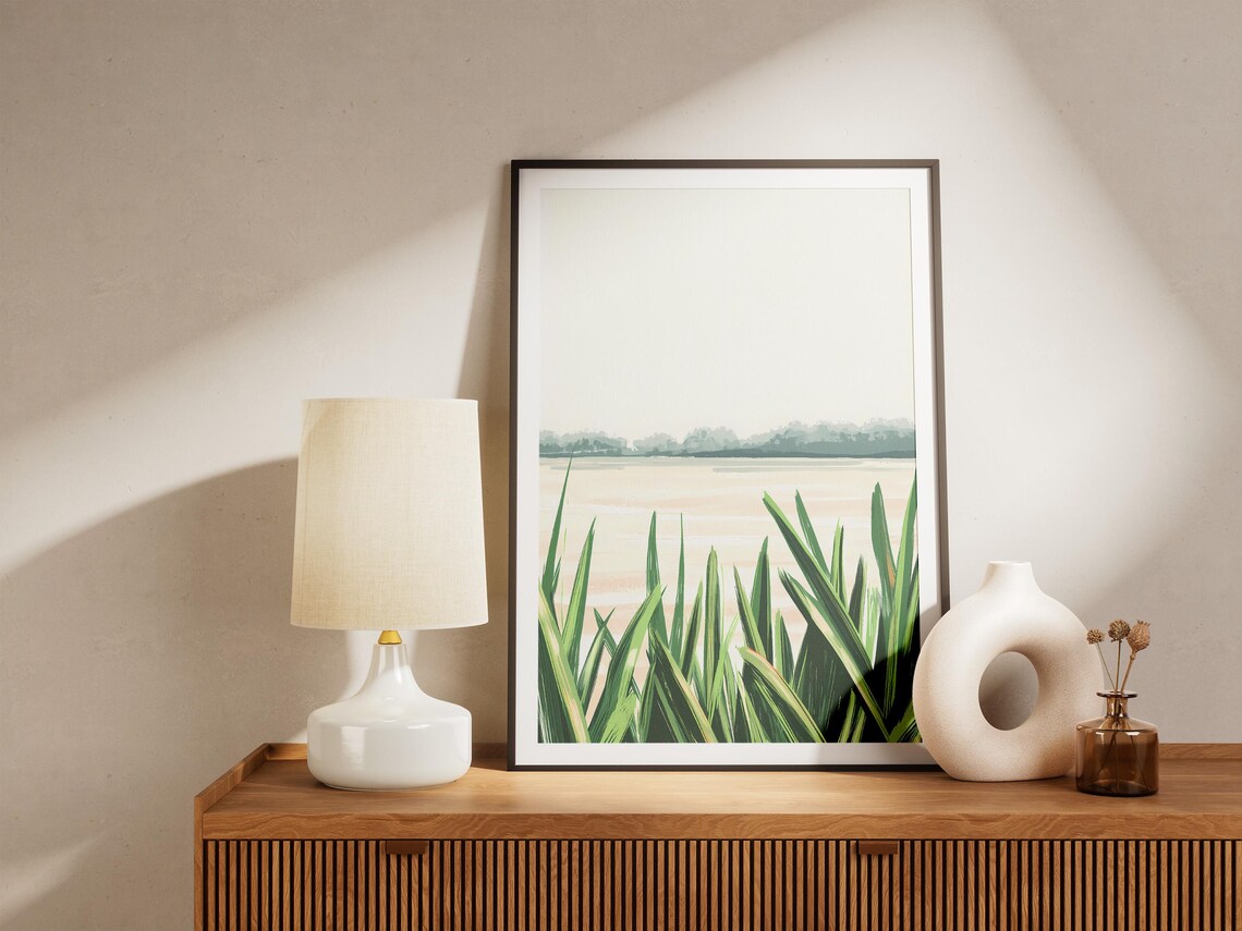 Lakeshore Green Reeds Minimalist Calm Water Landscape Poster - Image 5