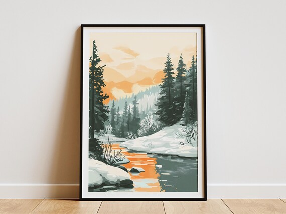 Winter Forest River Landscape Poster Print Orange Sunset Snow Covered Trees Frozen River Nature Art Modern Minimalist Scandinavian Decor