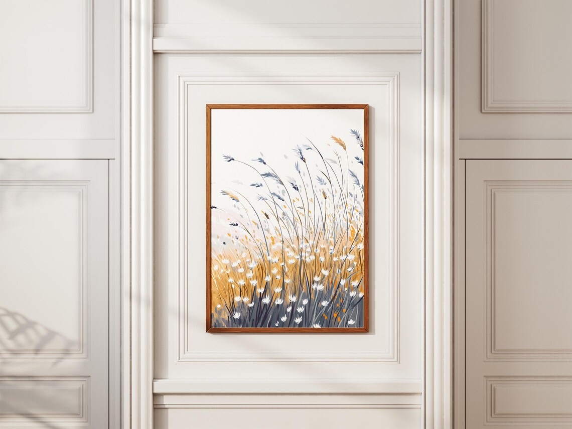 Minimalist White Wildflower Watercolor Poster in Blue and Gold - Image 2
