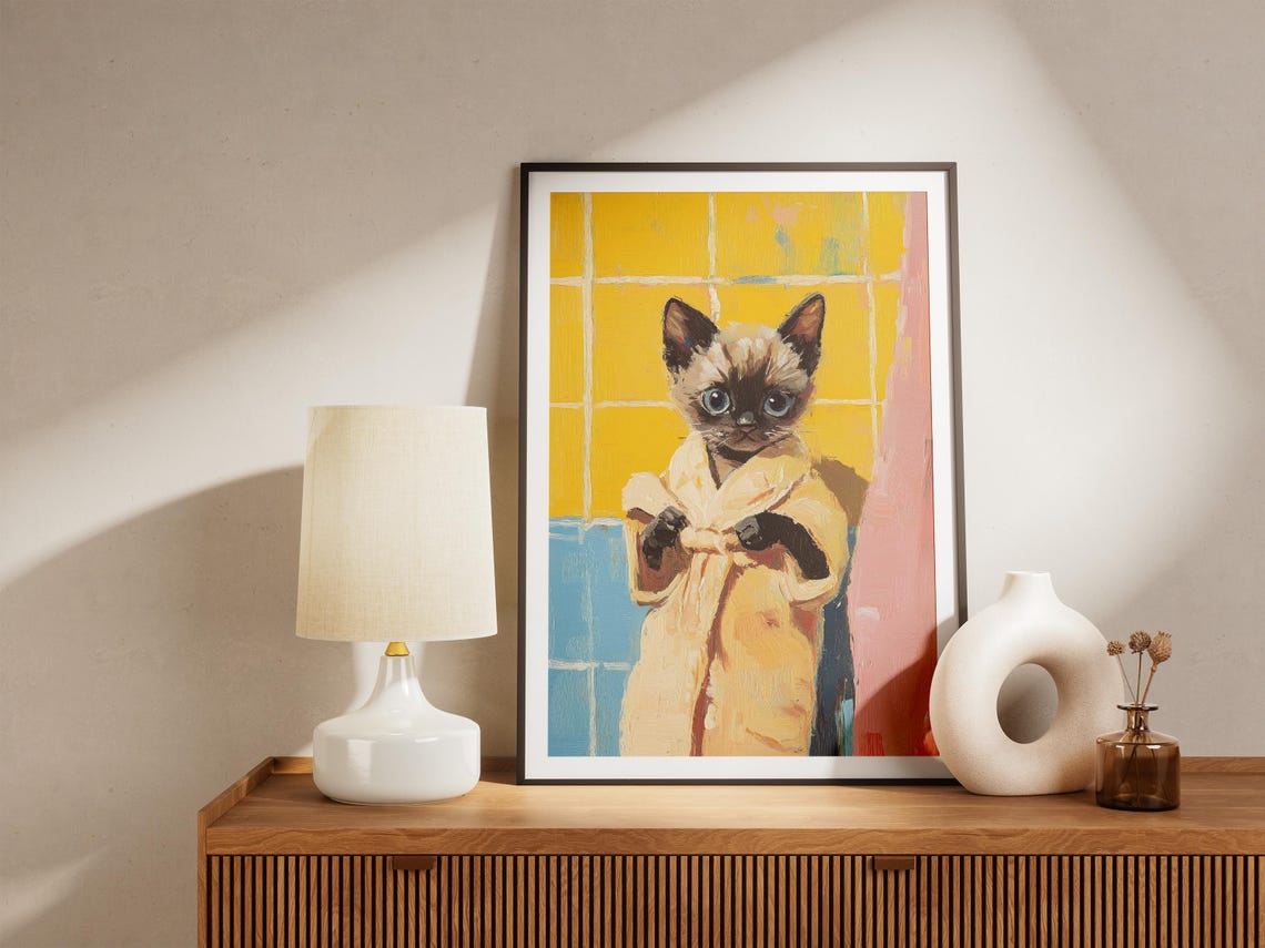 Siamese Kitten in Cream Bathrobe Yellow Tile Cute Cat Bathroom Poster - Image 4