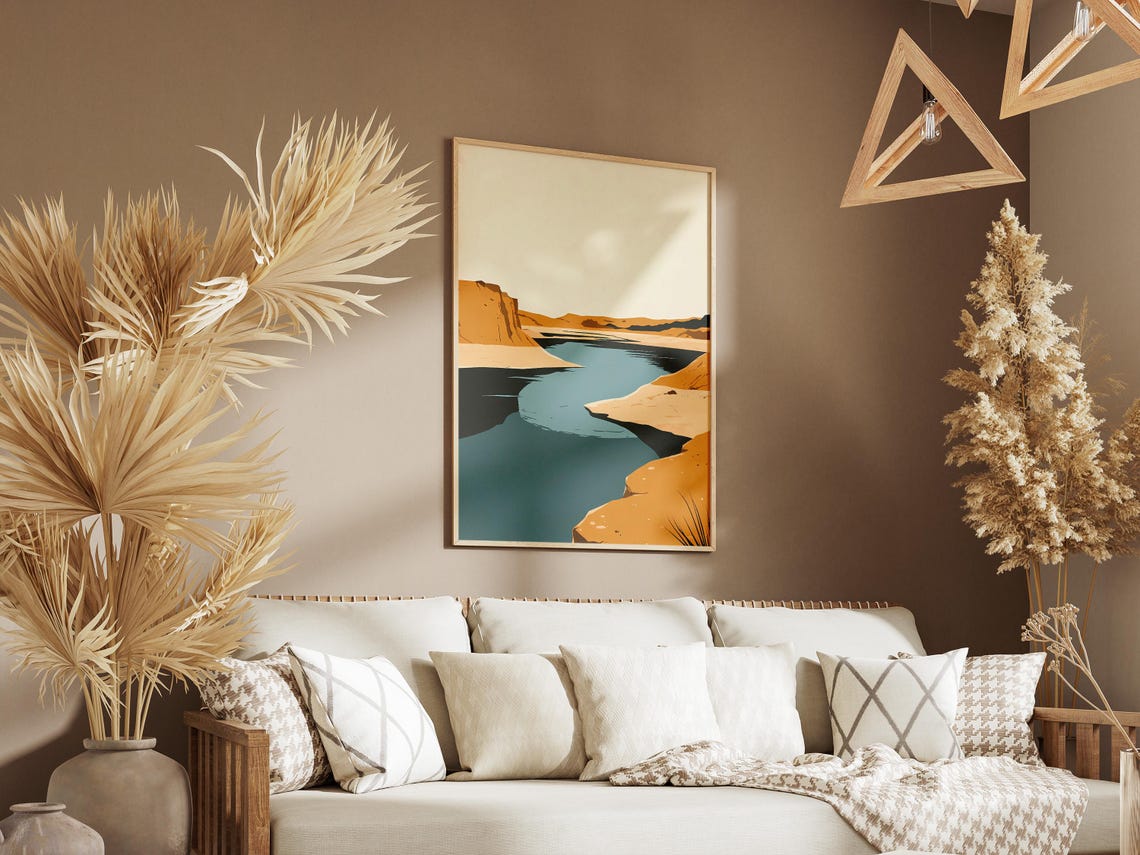 Minimalist Desert Lake Poster Ochre Cliffs Teal Water Wall Decor - Image 3