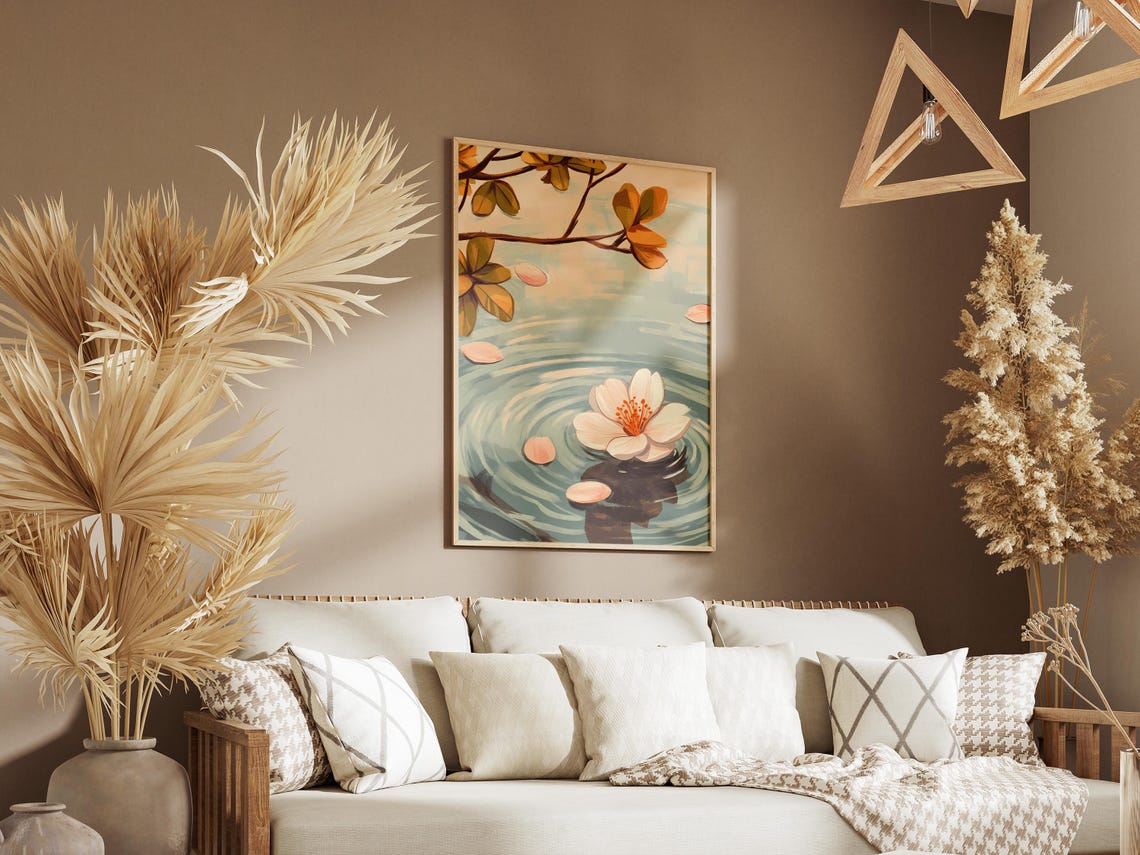 Cherry Blossom Floating on Rippling Water Zen Art Style Poster - Image 3