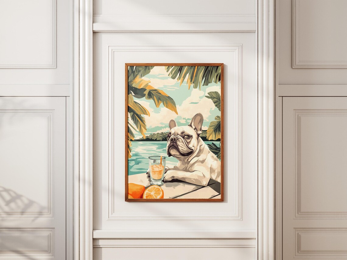French Bulldog Relaxing With Citrus Drink By The Sea Shore Poster - Image 2