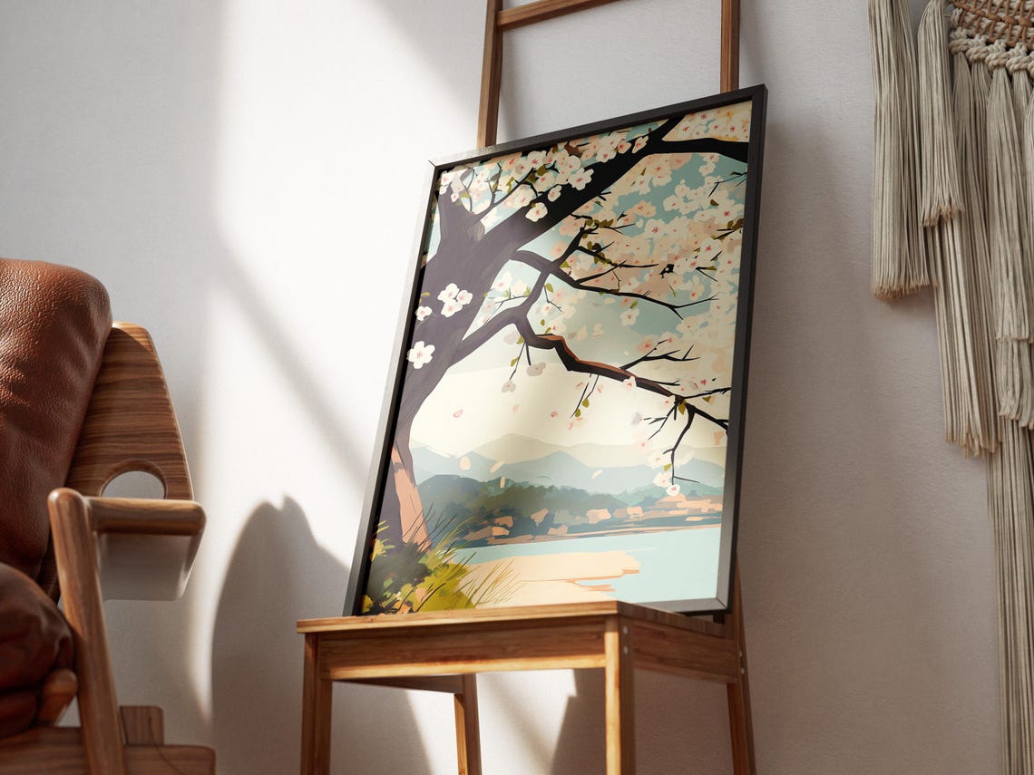 Blooming Cherry Blossom Tree Lake Mountains Spring Floral Poster - Image 3