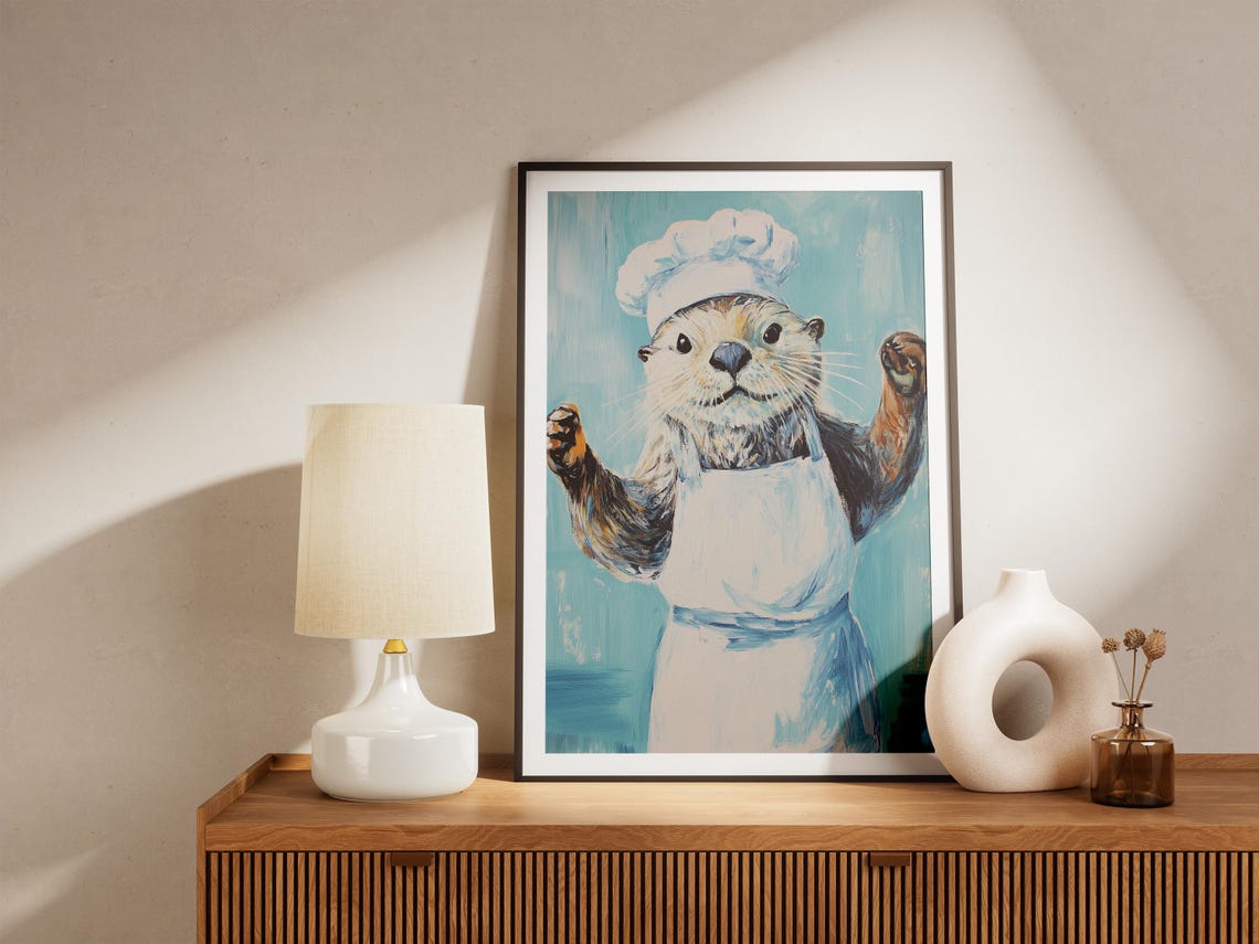 Joyful Otter Chef In White Apron Paws Raised On Teal Background Poster - Image 4