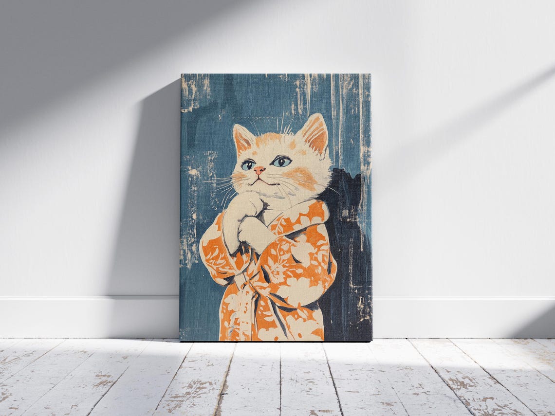 Kitten in an Orange Floral Bathrobe Cute Vintage Pet Art Poster - Image 2