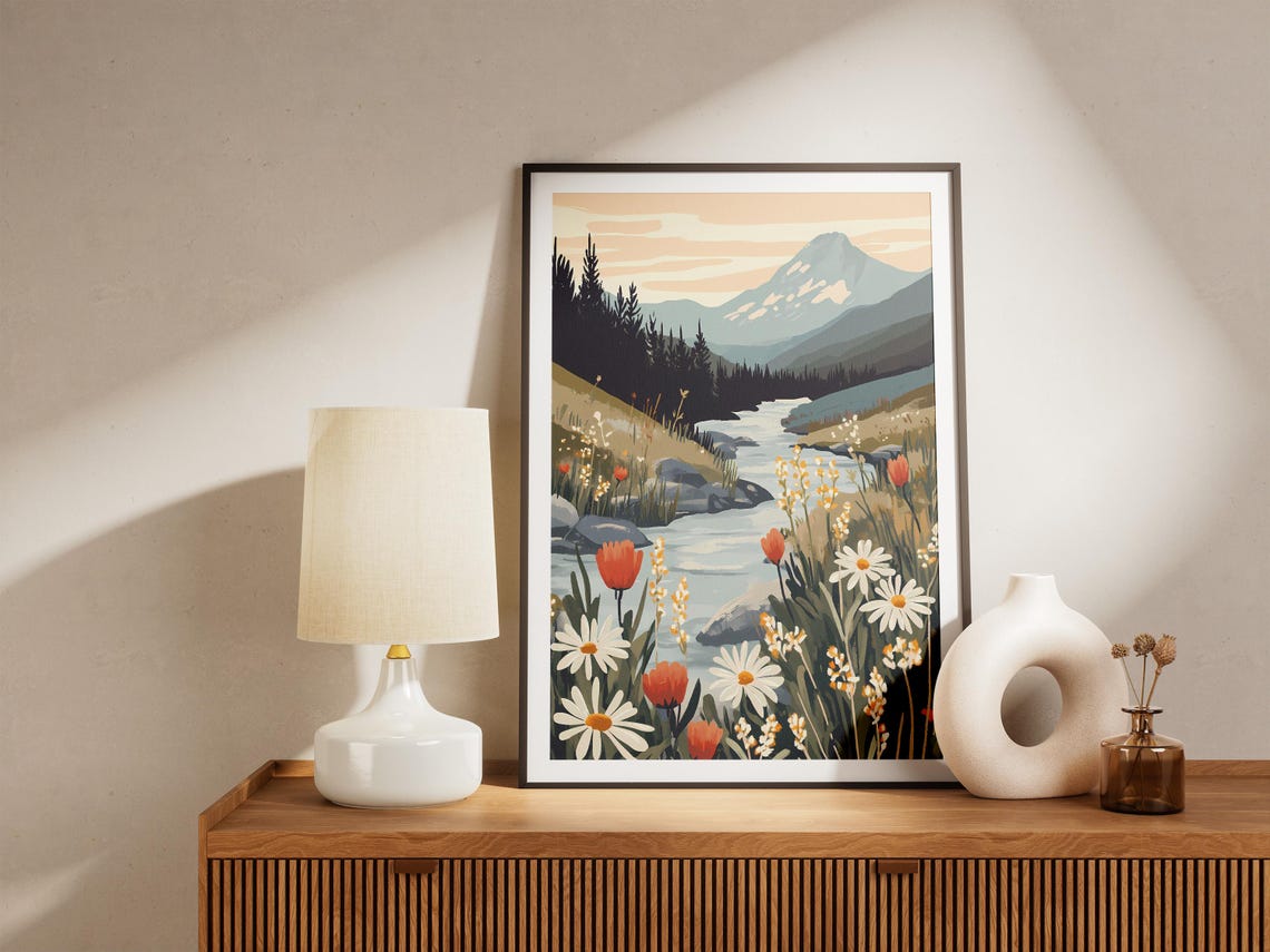 Mountain Stream With Daisies and Tulips Poster With Alpine View - Image 5