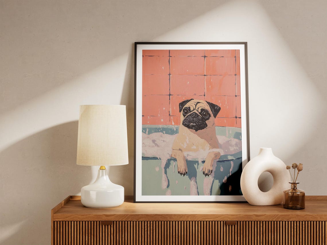 Pug Bubble Bath Terracotta Tile Painterly Dog Artwork Poster - Image 4