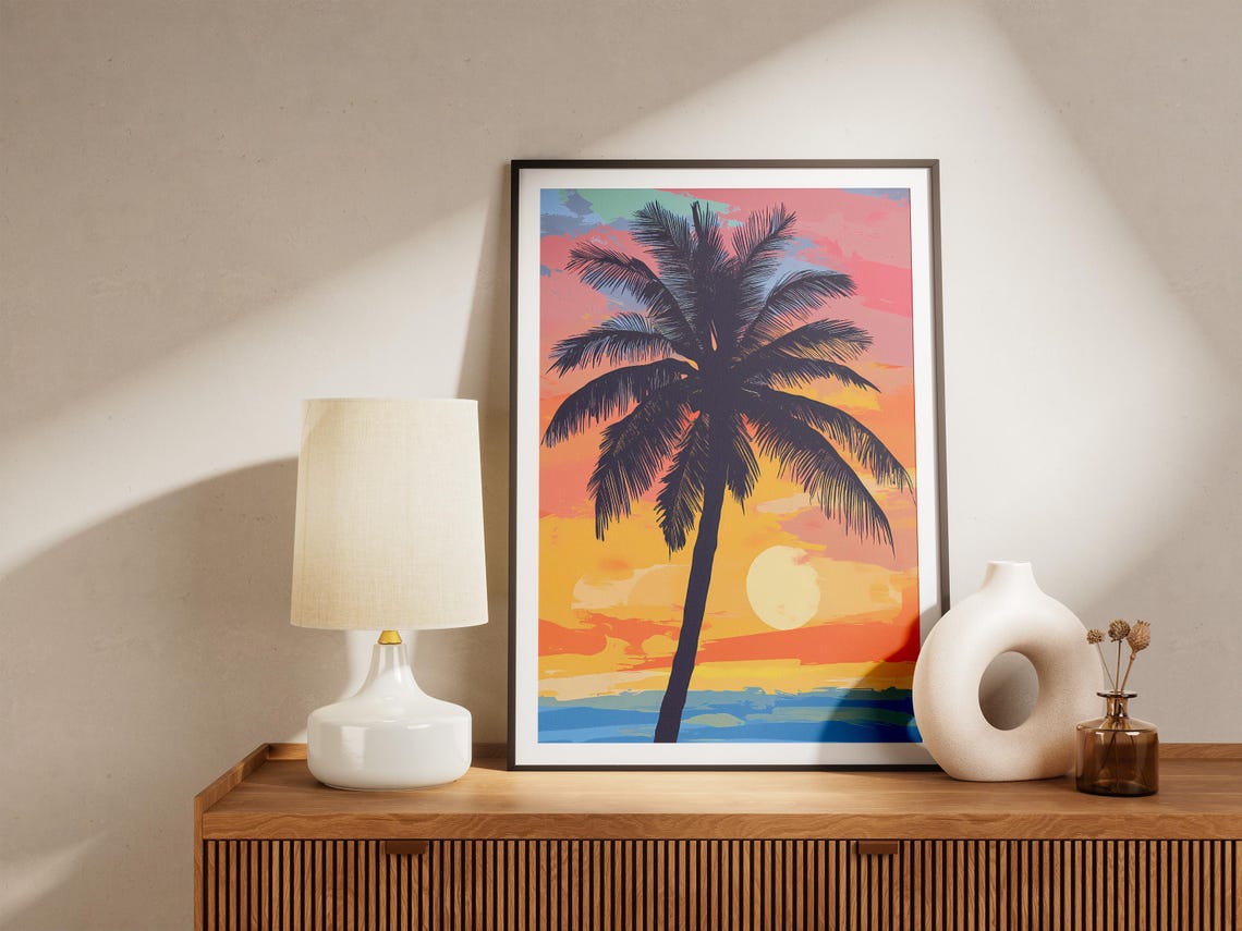 Palm Tree Sunset Silhouette Tropical Beach Ocean Art Sunny Poster - Image 4
