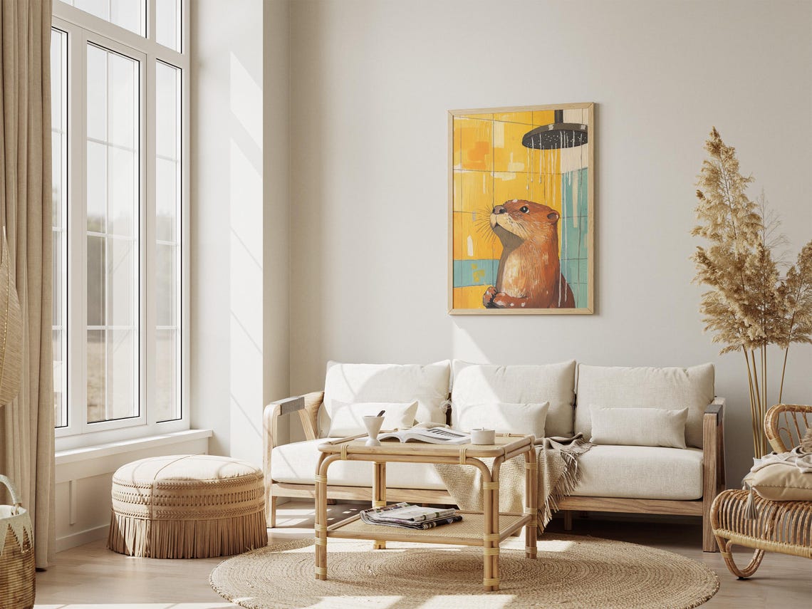 Otter Enjoying Running Shower Yellow Tile Bathroom Fun Poster - Image 4