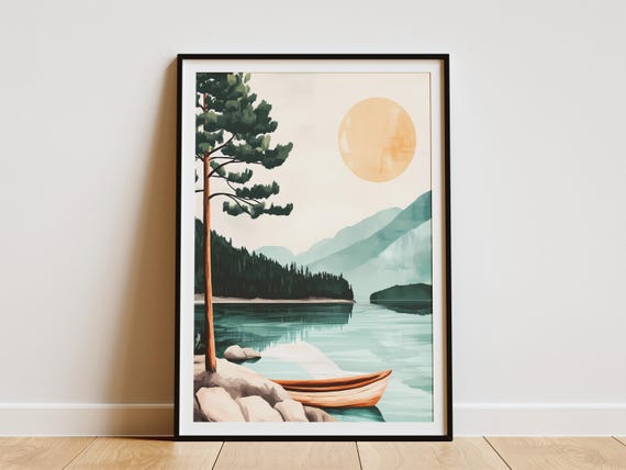Calm Lake Poster Mountain Lake Art Print Peaceful Nature Scene Modern Minimalist Landscape Lake House Decor Wall Art For Home Boat On Lake