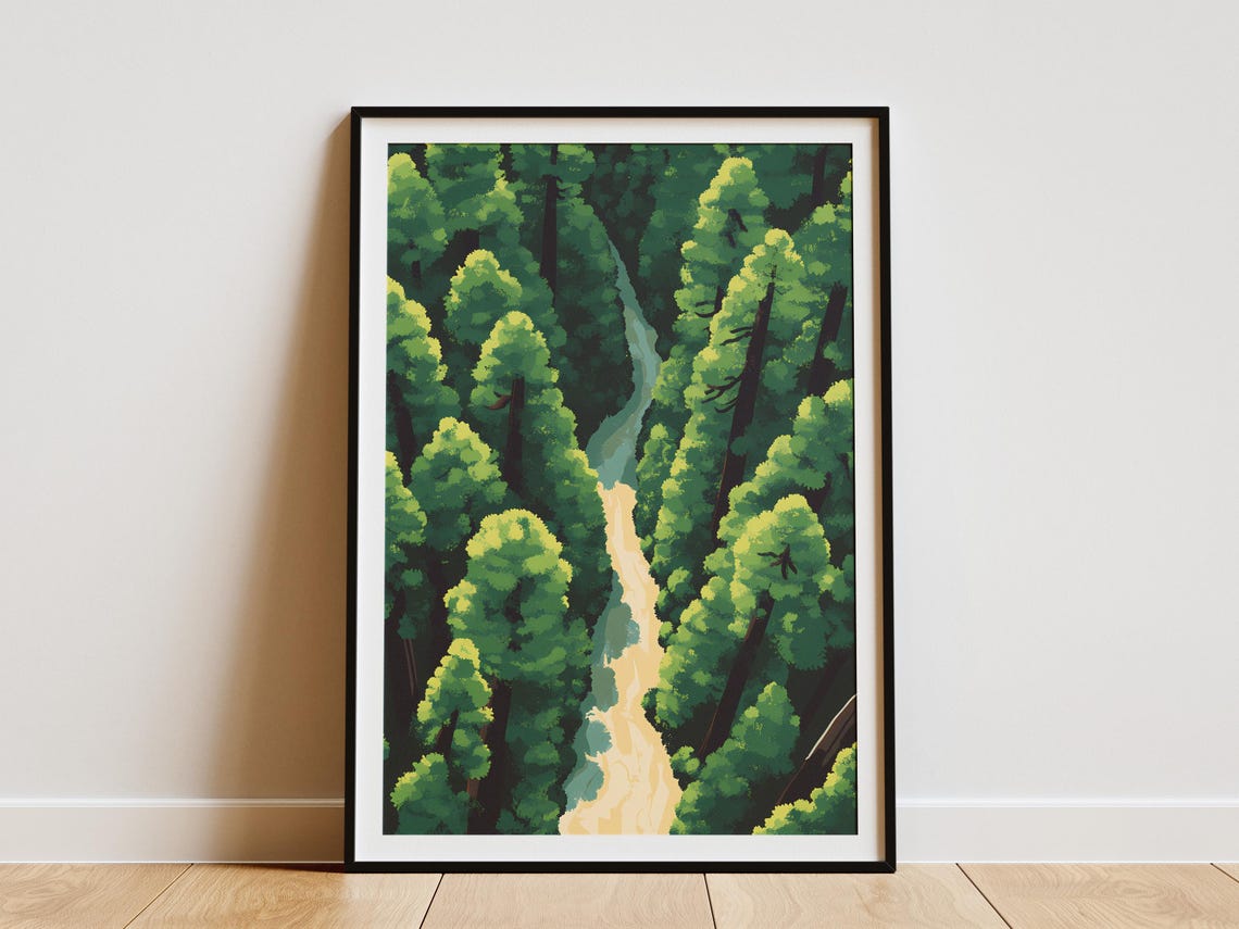 Aerial View of Redwood Forest Canopy and Winding Road Poster