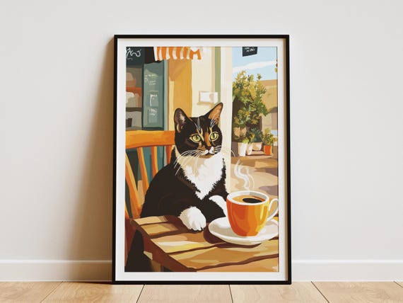 Cozy Cat Cafe Art Print Whimsical Feline Coffee Lover Poster Matisse Style Oil Painting Modern Kitchen Wall Decor Gift