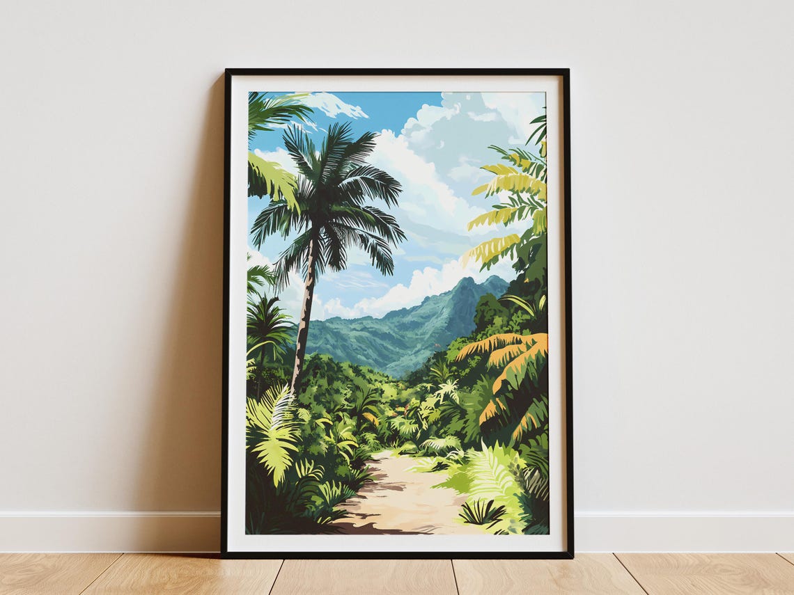 Seychelles Tropical Jungle Palm Trees Lagoon Island Travel Poster