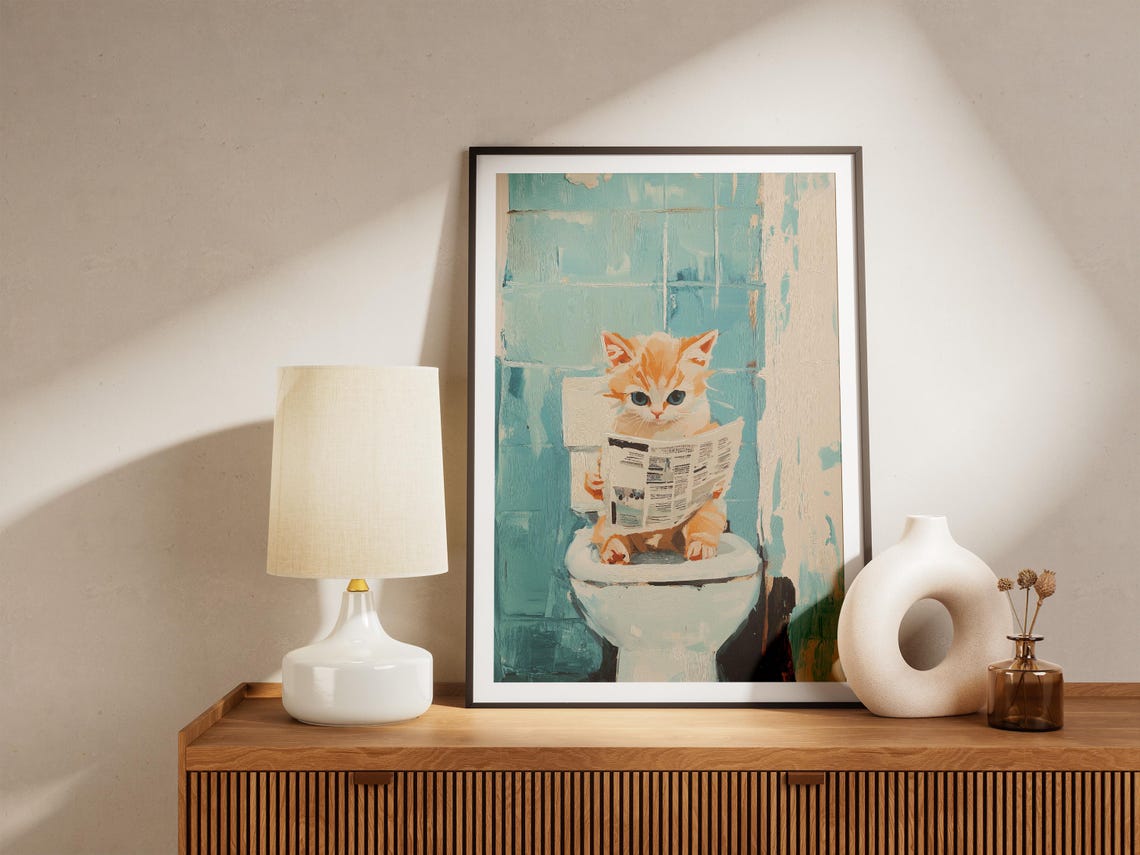 Funny Orange Kitten Reading Newspaper on Toilet Bathroom Poster - Image 4