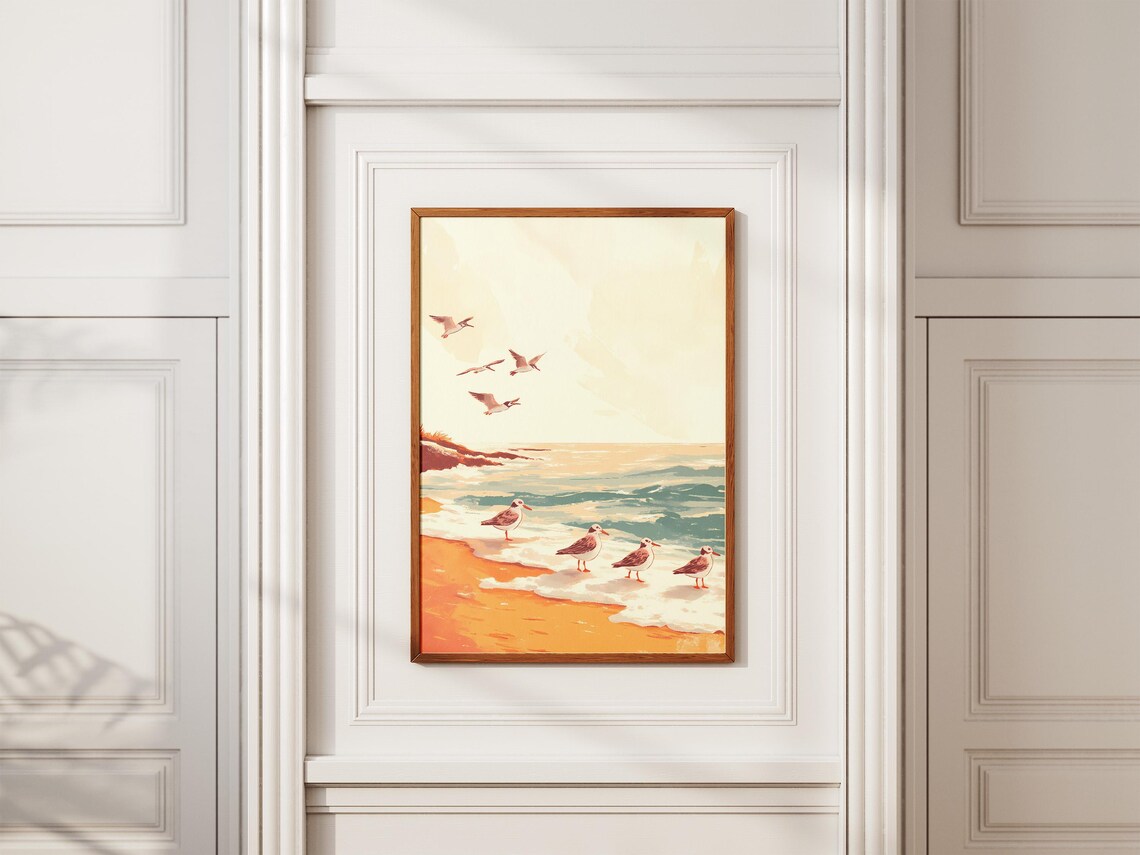 Sanderling Shorebirds on Golden Beach Waves Coastal Art Poster - Image 2