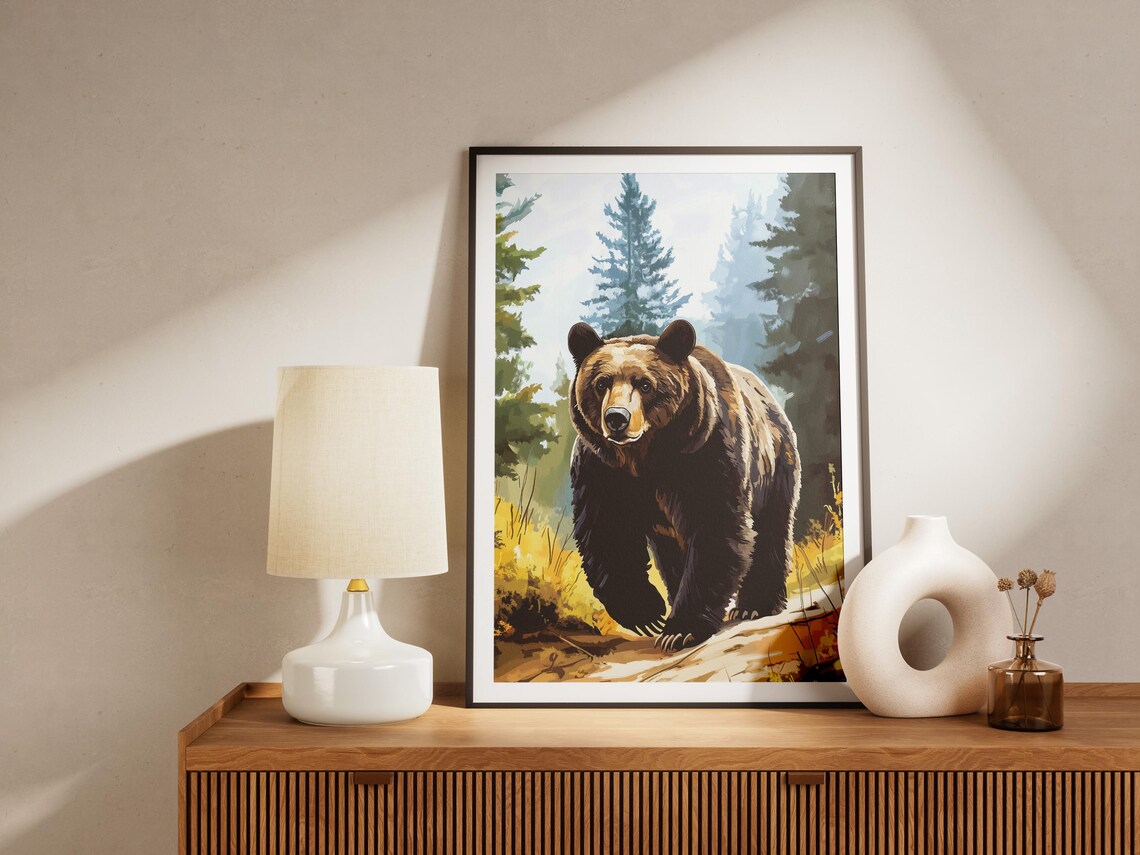 Brown Bear Walking in a Misty Pine Forest Wildlife Art Poster - Image 4