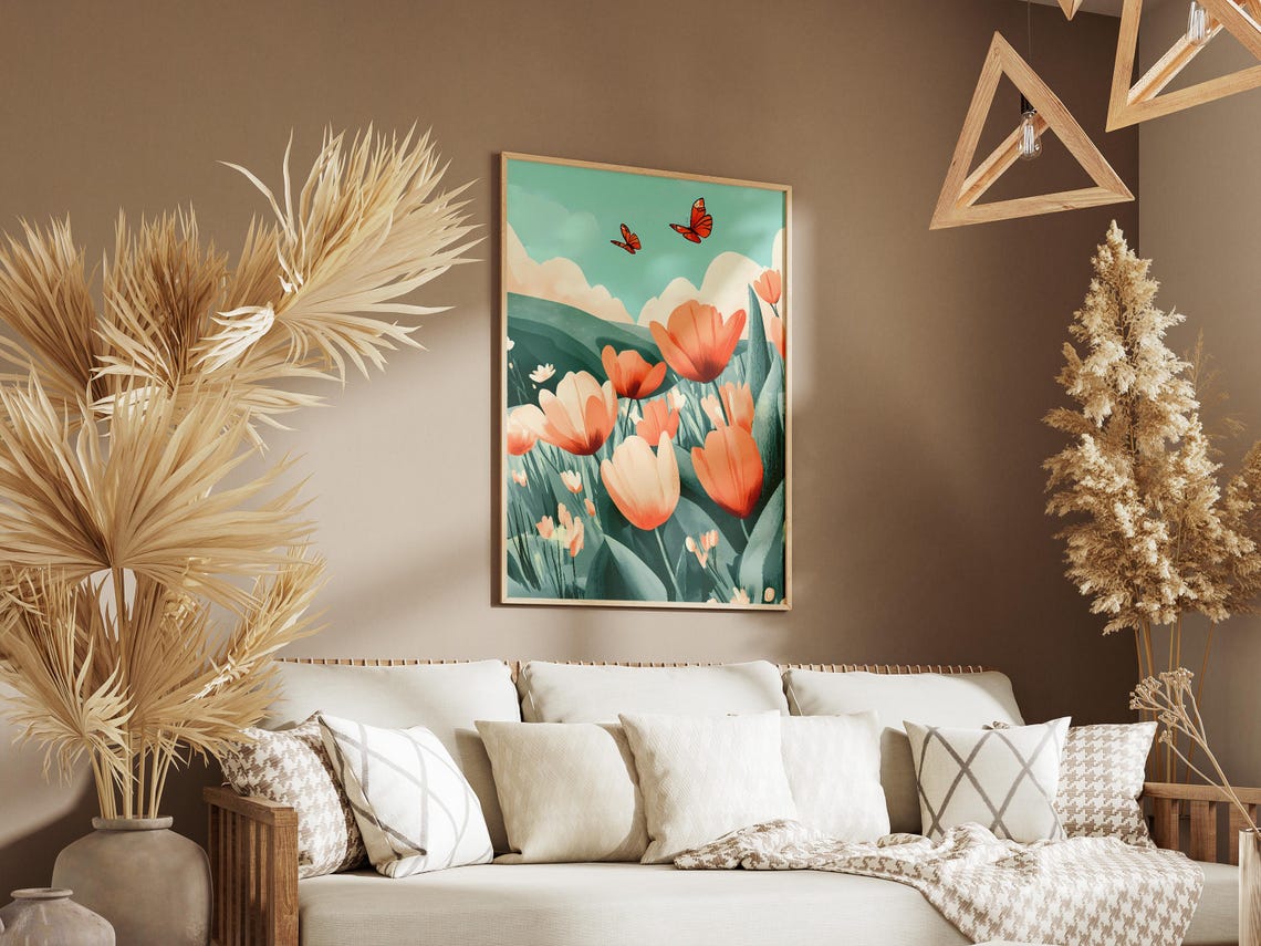 Cheerful Orange Tulips With Butterflies Teal Sky Landscape Poster - Image 3
