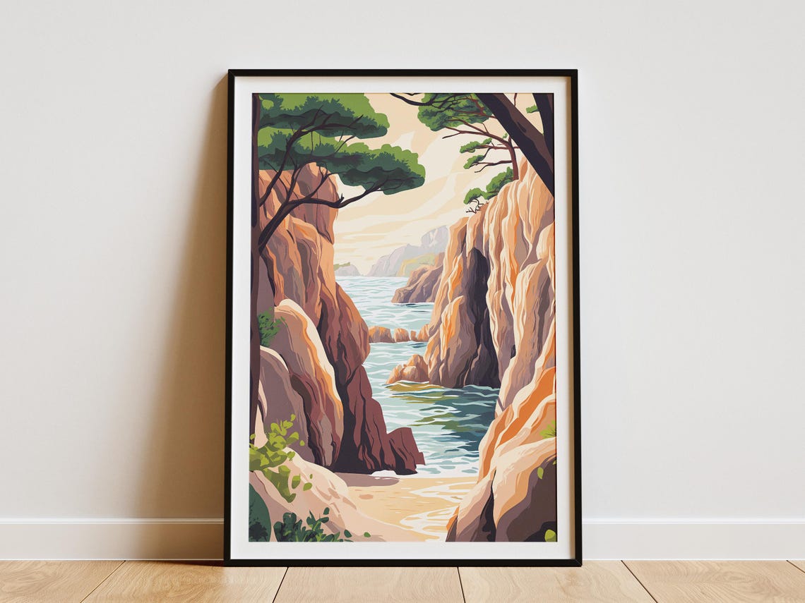 Narrow Sea Cove Between Rock Cliffs Pine Trees Illustration Poster