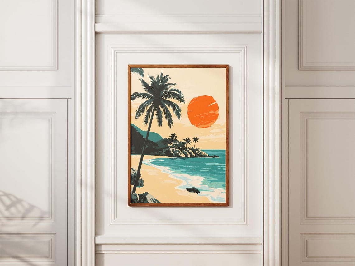 Tropical Beach Sunset With Leaning Palm Tree Retro Travel Poster - Image 2