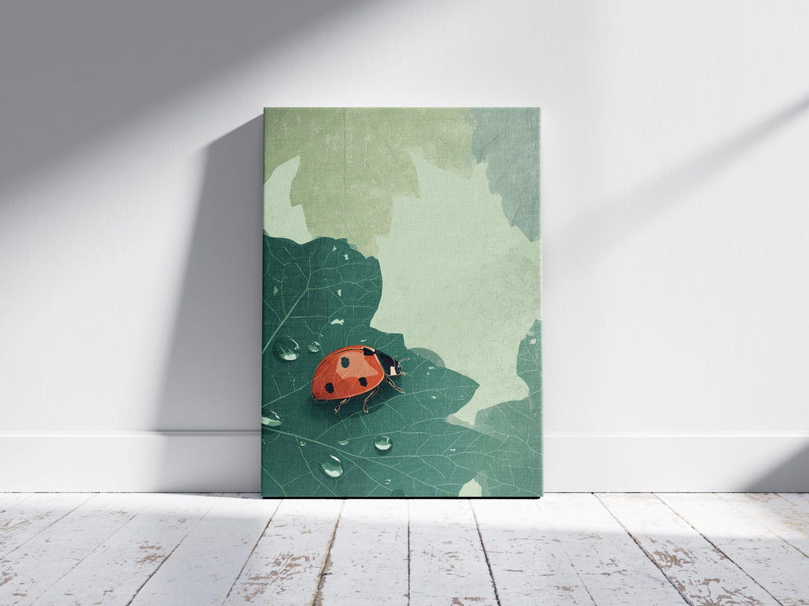 Vibrant Ladybug Dewdrop Leaf Art Print Nature Inspired Wall Decor Botanical Poster Modern Insect Illustration Garden Lover - Image 2