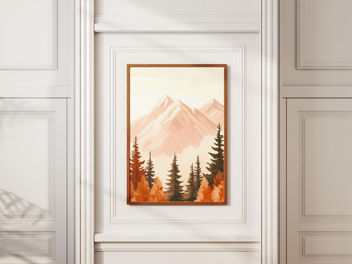 Pastel Pink Mountain Peaks Autumn Pines Minimalist Style Poster - Image 2