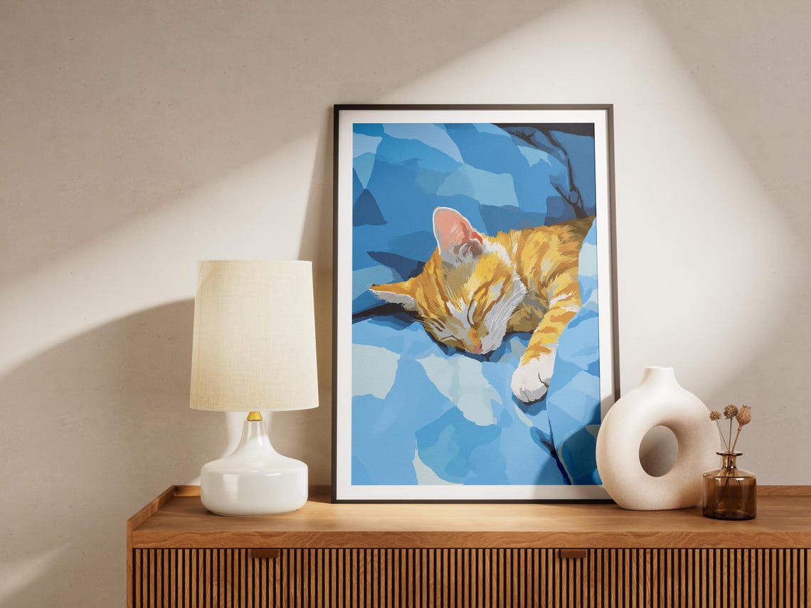 Orange Kitten Sleeping on Blue Blanket Cute Cozy Cat Art Poster - Image 4