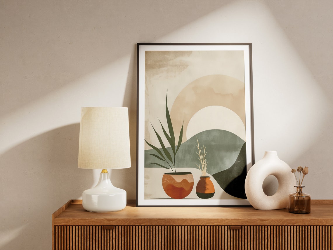 Terracotta Pots and Botanical Leaves Under a Beige Sun Poster - Image 2