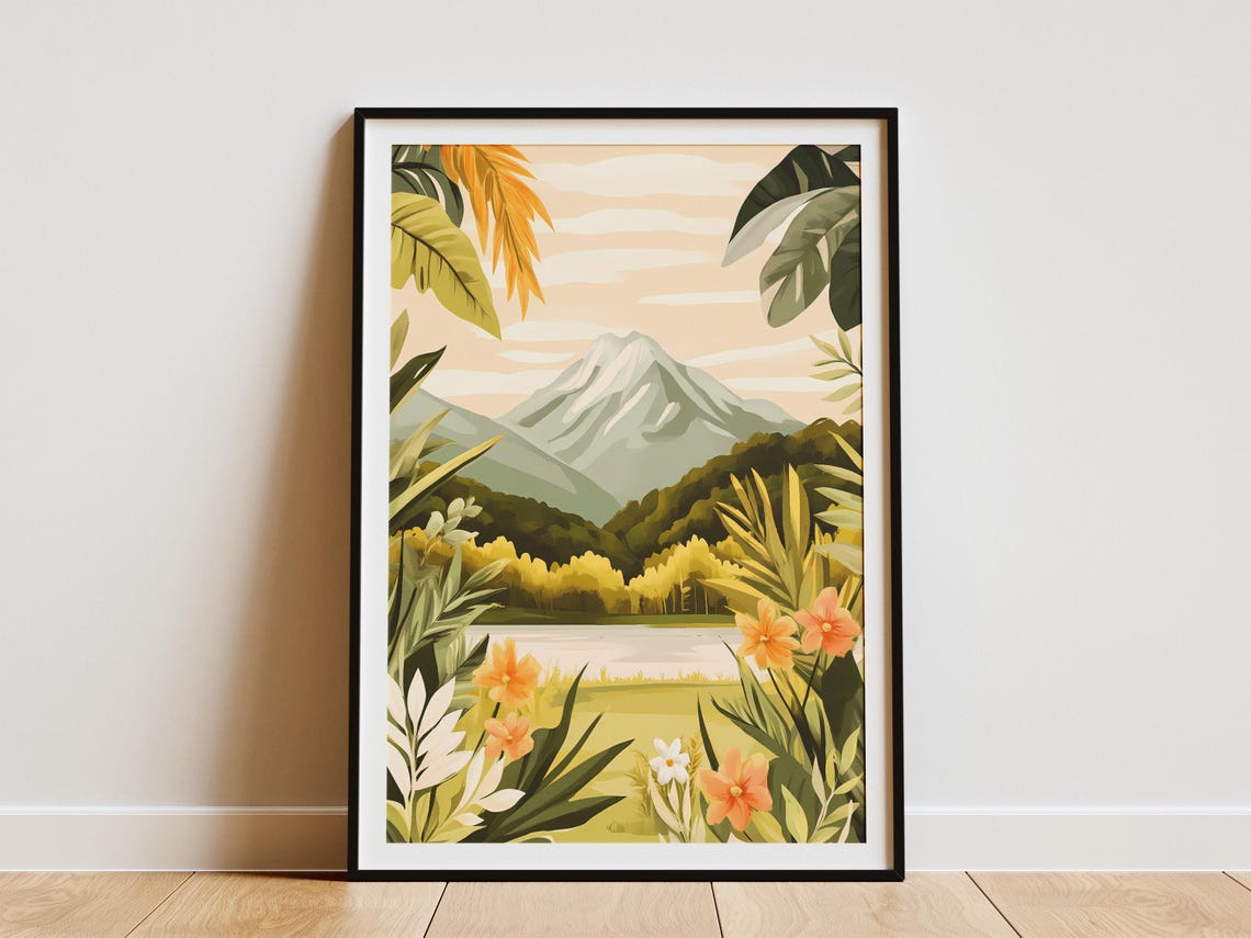 Snowy Mountain Peak Surrounded By Tropical Bloom Garden Poster