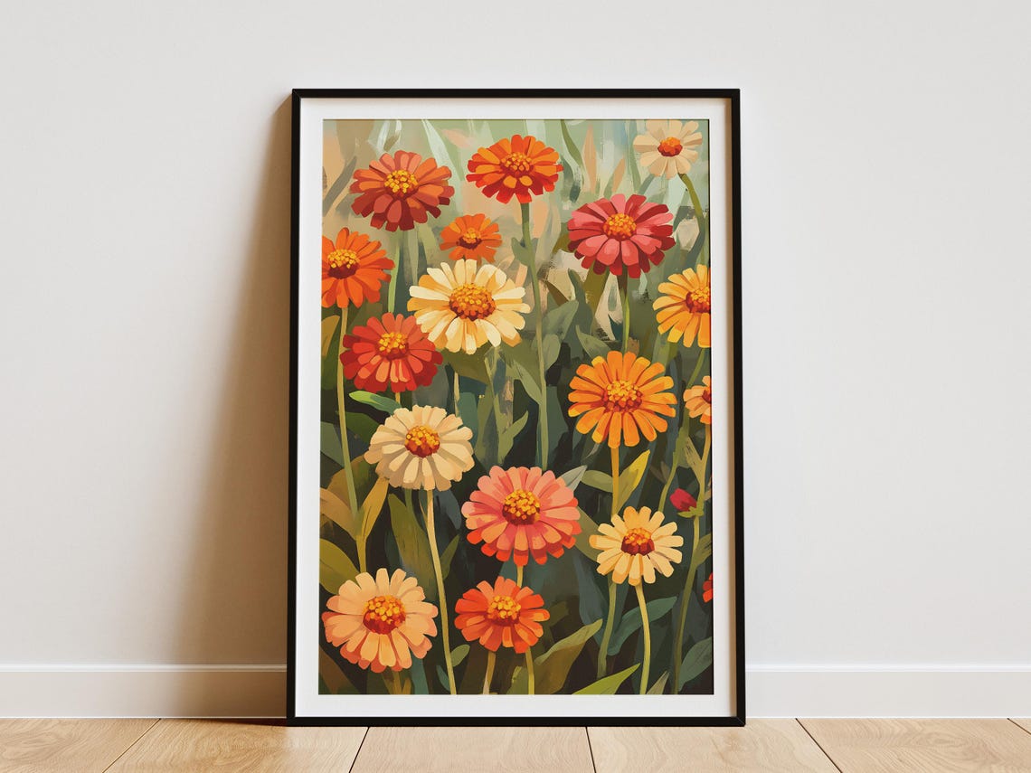 Zinnia Flower Field Warm Painterly Botanical Summer Wall Poster