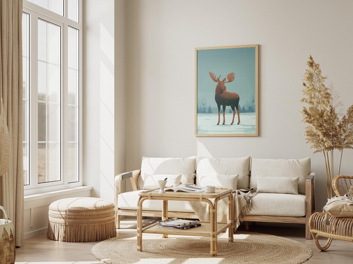Majestic Moose Standing in a Snowy Forest Under Falling Snow Art Poster - Image 3