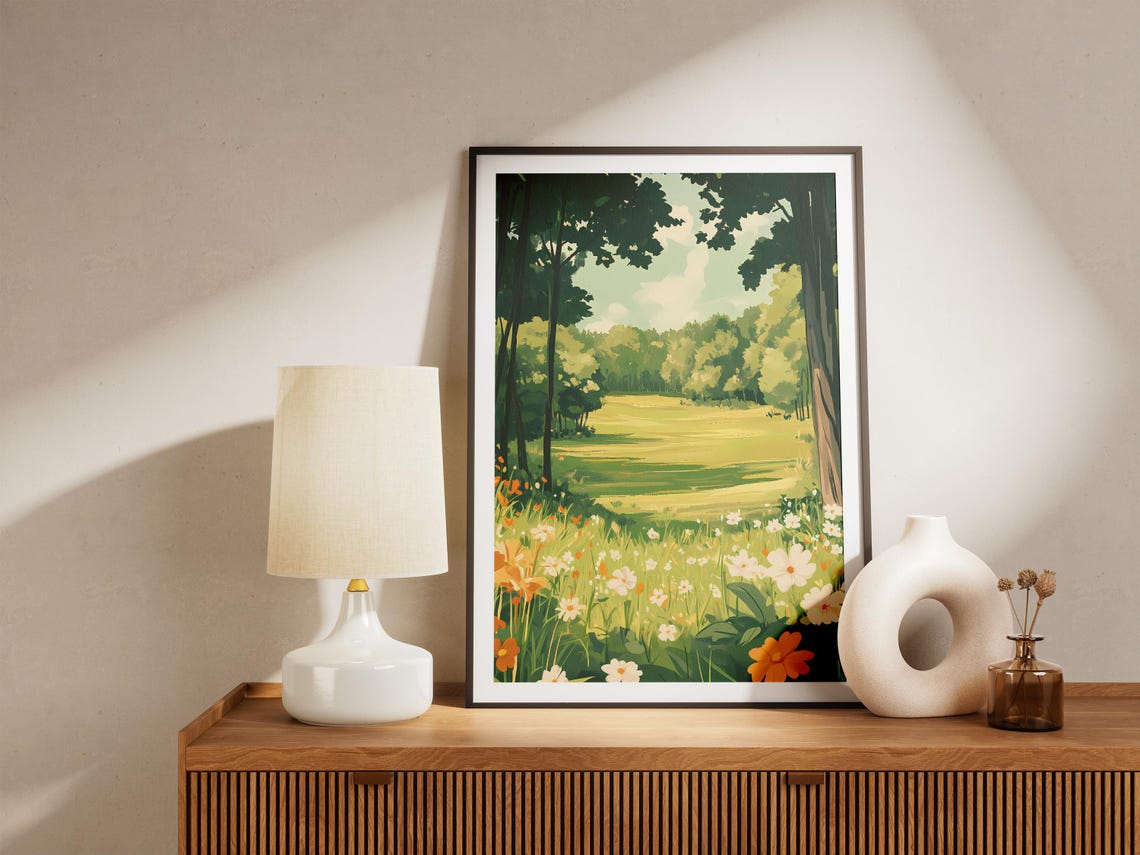 Summer Meadow Framed By Tall Trees Wildflower Bloom Nature Art Poster - Image 5