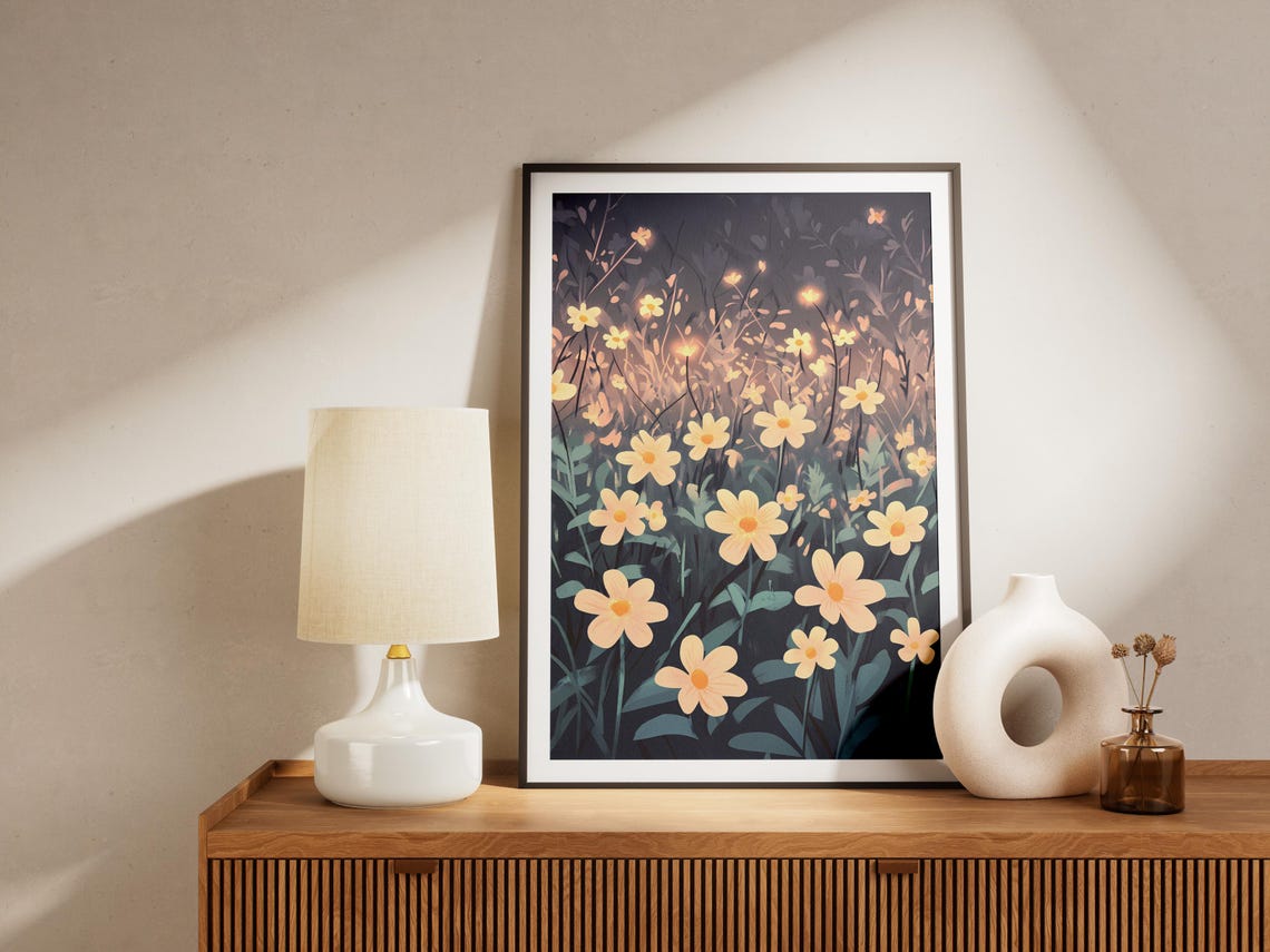 Twilight Meadow Glowing Yellow Primrose Flowers Botanical Art Poster - Image 4