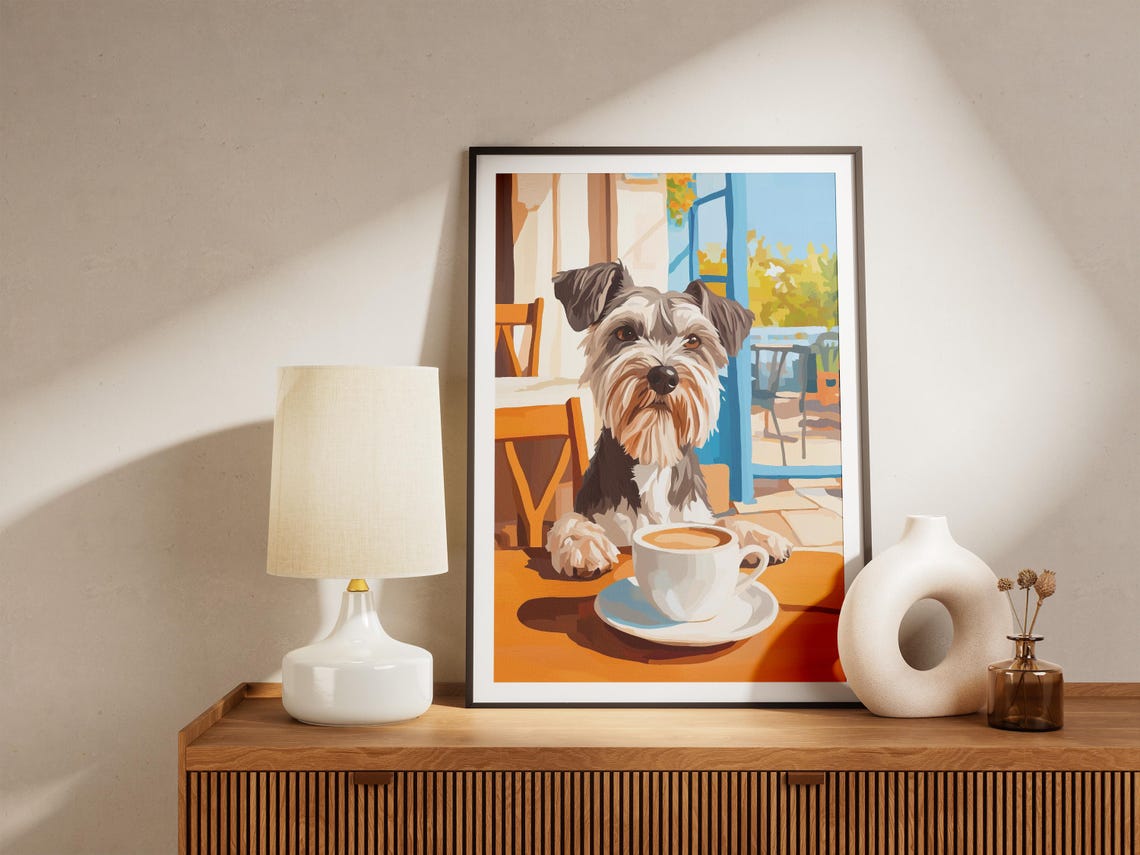 Bearded Miniature Schnauzer with Coffee at Sunlit Cafe Table Poster - Image 4