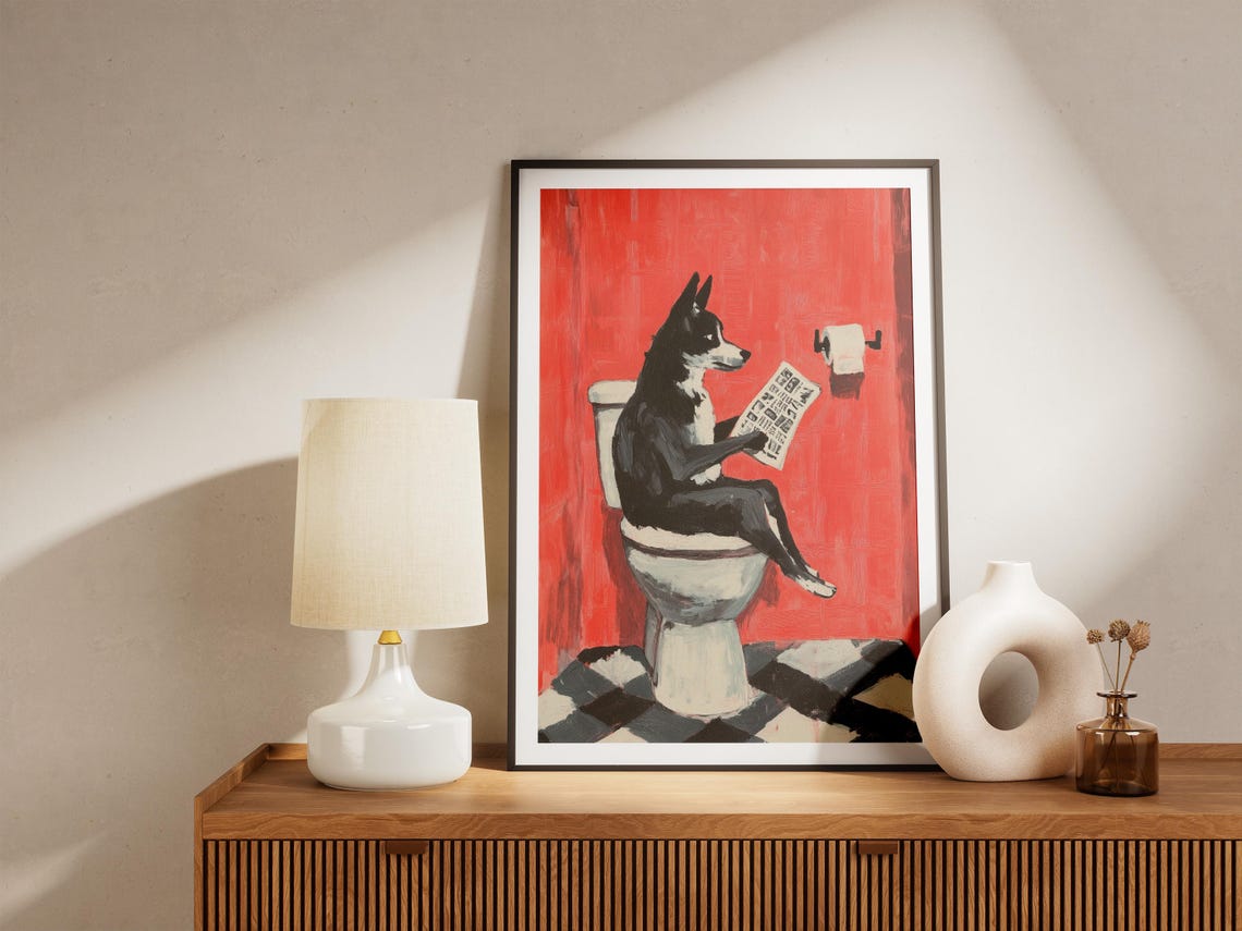 Husky Dog Reading Newspaper on Toilet Funny Bathroom Art Poster - Image 4