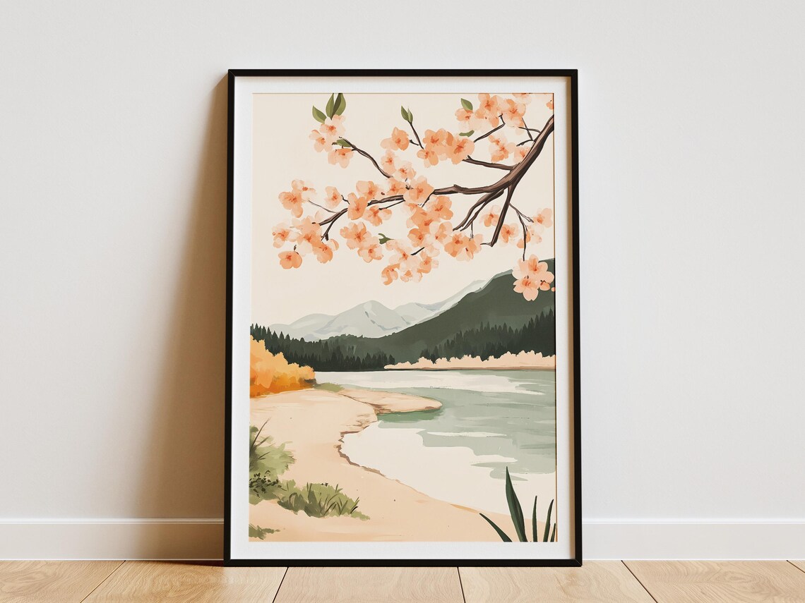 Cherry Blossom Branch Over Mountain Lake Landscape Art Poster