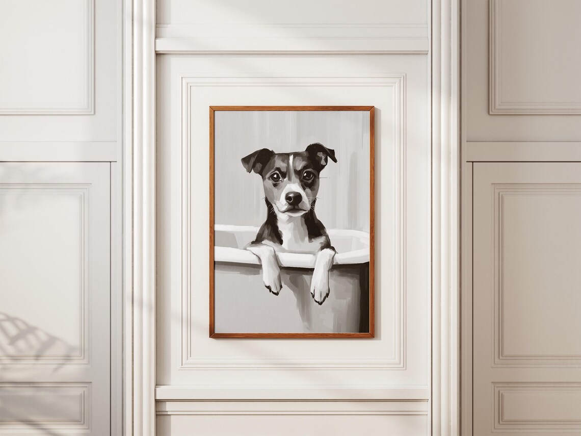 Jack Russell Terrier In A Bathtub Black And White Art Poster - Image 2