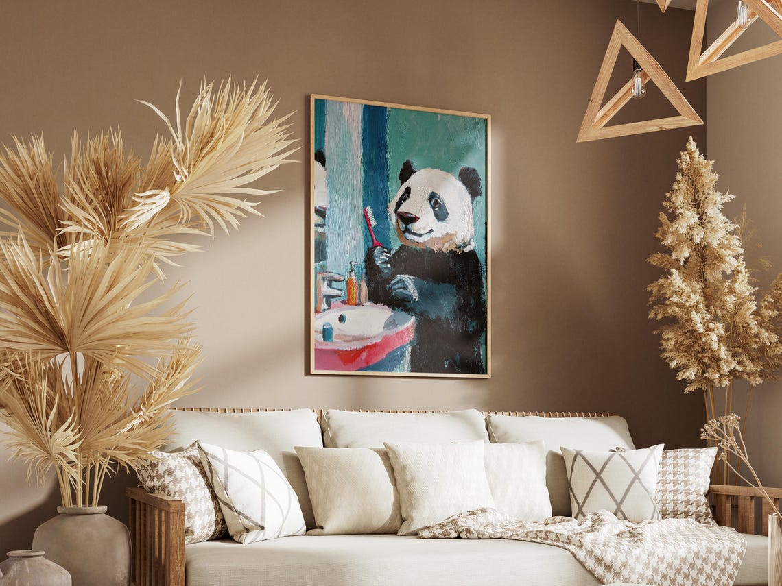 Cute Panda Bathroom Poster Art Print Animal Wall Decor Modern Funny Illustration With Toothbrush Whimsical - Image 3
