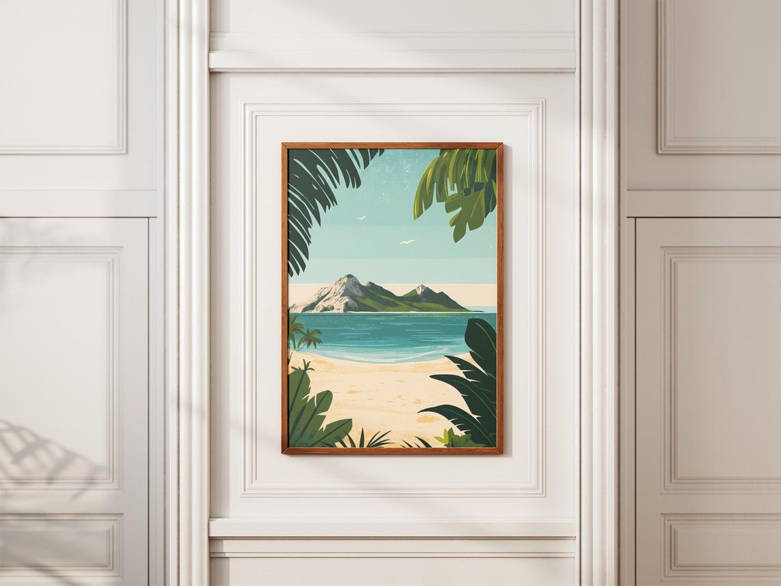 Tropical Island Across A Turquoise Bay Vintage Travel Poster - Image 2