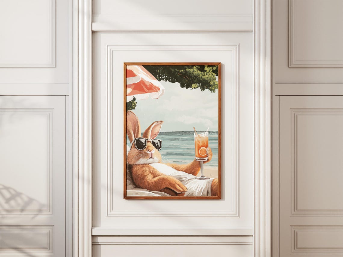 Rabbit In Sunglasses Sipping Cocktail Under Beach Umbrella Poster - Image 2