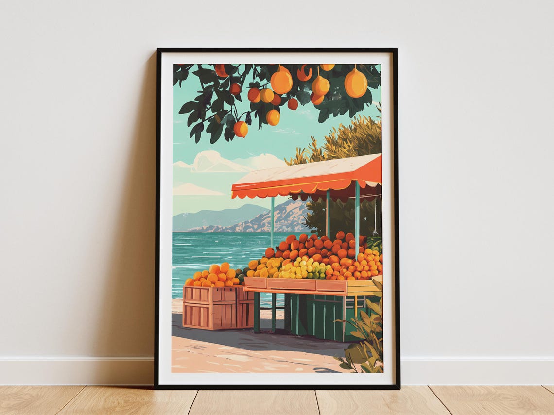 Sunny Coastal Citrus Fruit Stand by the Sea Summer Art Poster