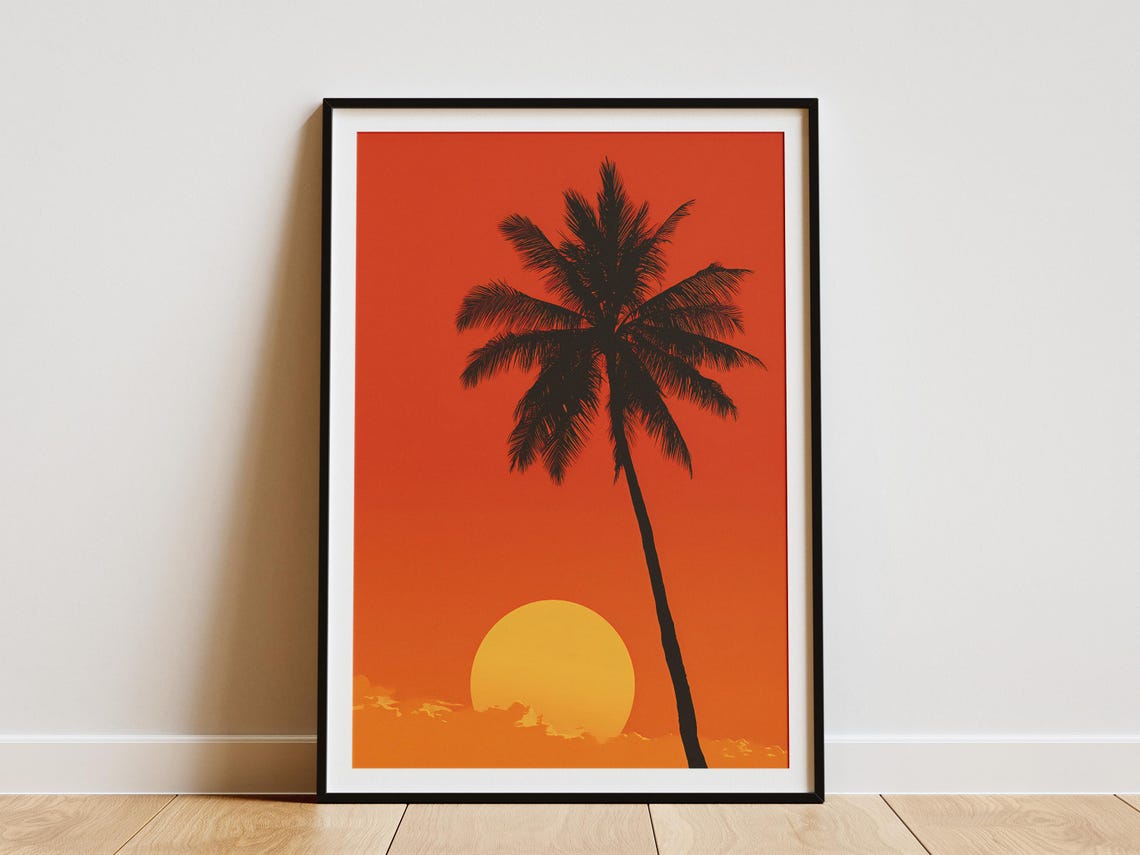 Palm Tree Silhouette Big Sun Red Orange Minimalist Art Poster