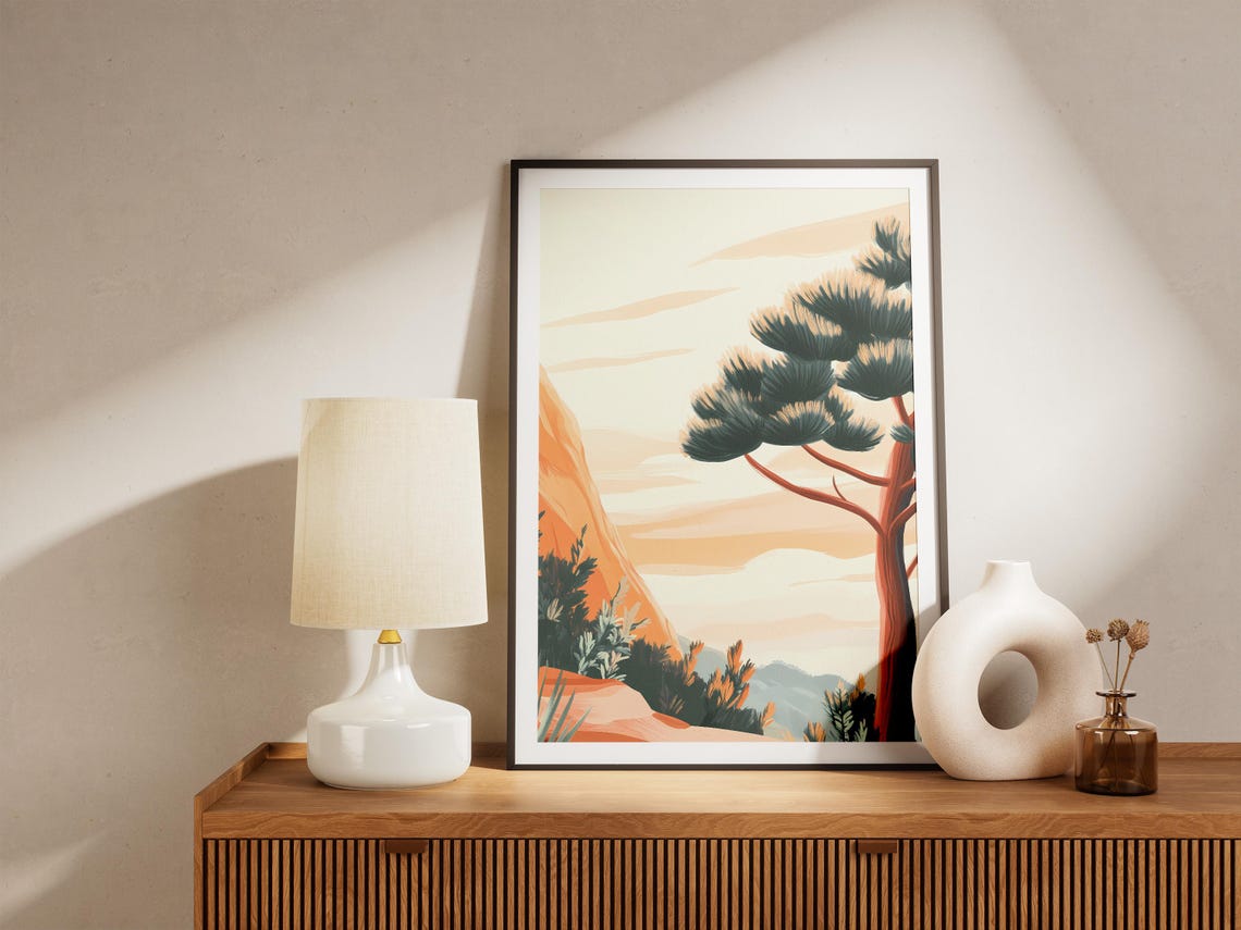 Windswept Pine Tree By Tall Orange Canyon Cliffs Desert Poster - Image 5