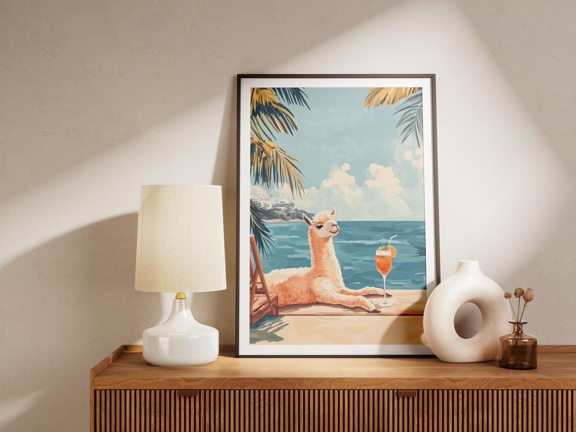 Chill Alpaca Sipping Cocktail By The Sea Palm Tree Beach Poster - Image 5