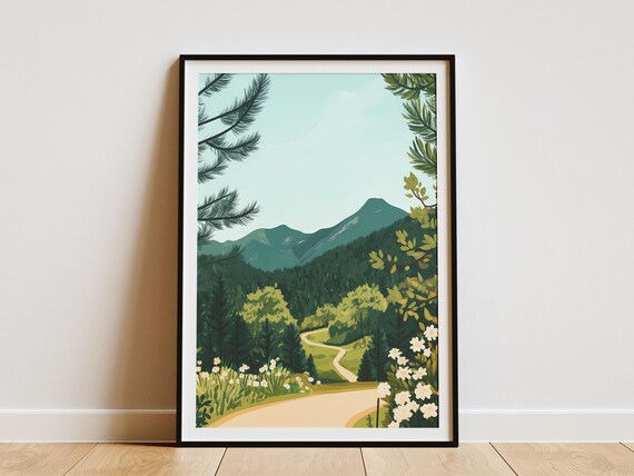 Winding Mountain Road Forest Art Print Nature Landscape Poster Green Trees And Mountains Hiking Trail Illustration Calm Nature Scene Modern