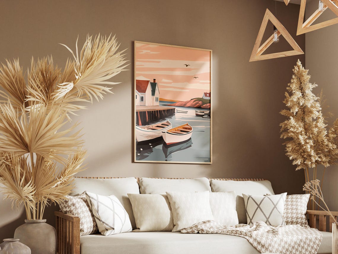 Scandinavian Harbor Wooden Boats Sunset Coastal Illustration Poster - Image 3