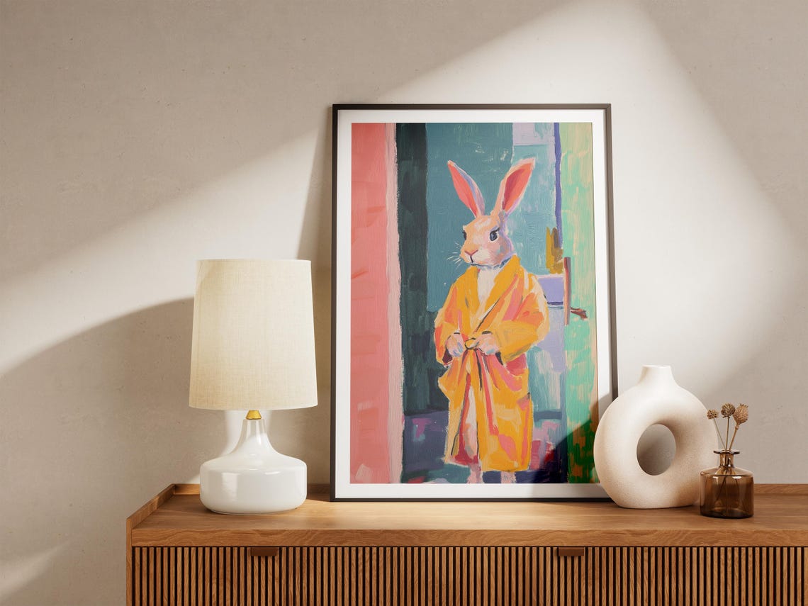 Funny Rabbit In Orange Bathrobe Quirky Animal Illustration Poster - Image 5