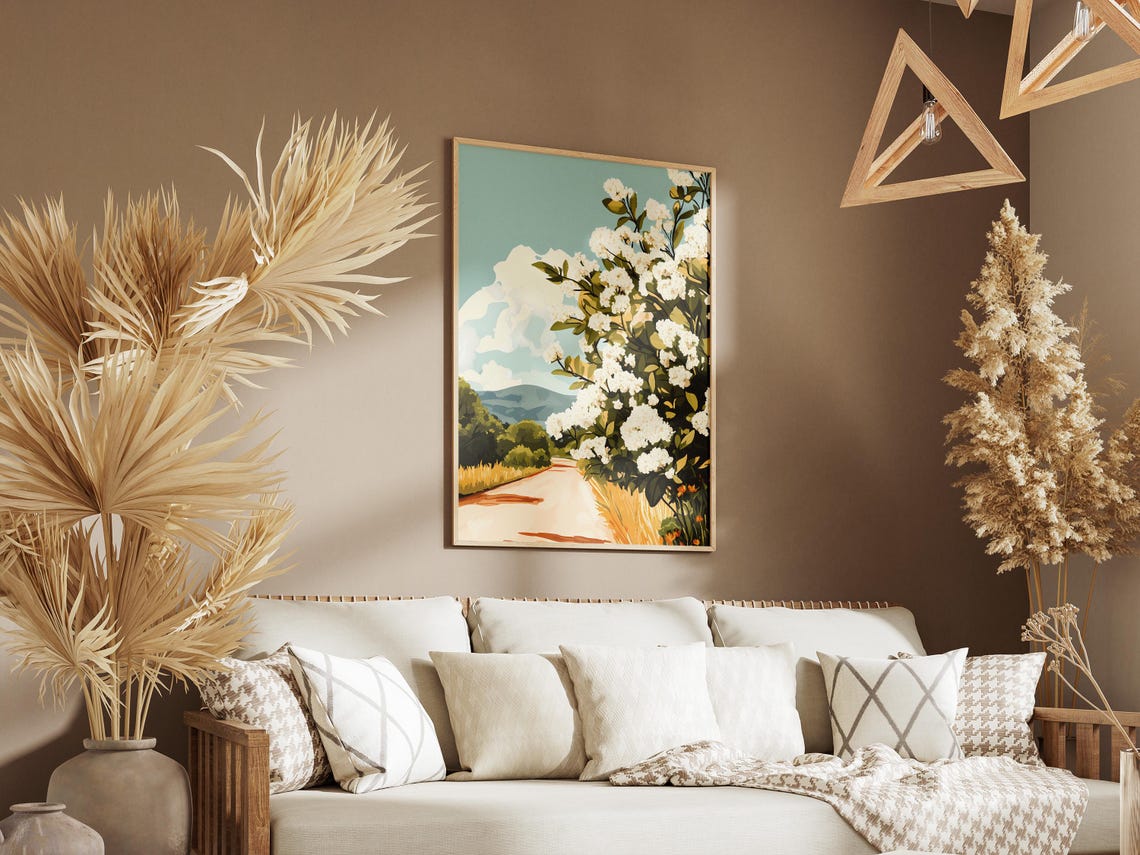 Country Road Lined with White Hydrangea Bushes Summer Poster - Image 3
